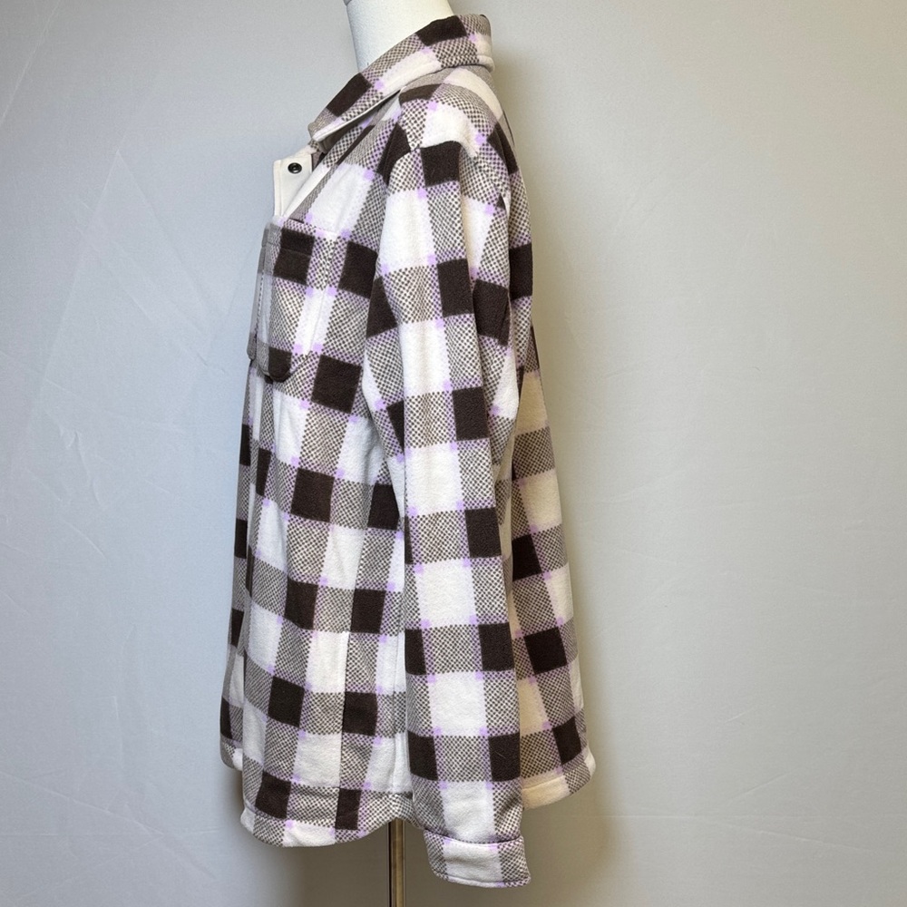Lands’ End Anyweather Lilac & Coffee Check Fleece Shirt Jacket Size Large Tall - Picture 6 of 13